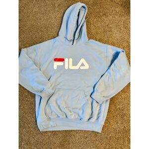 Light Blue Fila Logo Y2K Style Hoodie Medium